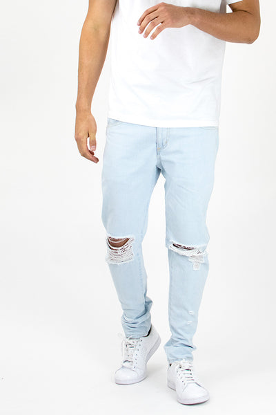 Bleached Indigo Ripped Tapered Denim Jeans