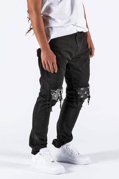 PREORDER Black Ripped Bandana Patched Jeans