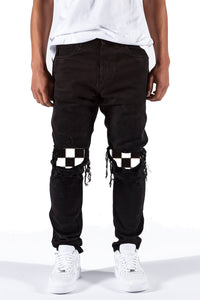 PREORDER Black Ripped Checker Patched Jeans