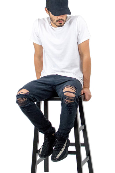 Black Ripped Tapered Denim Jeans