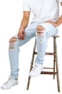 Bleached Indigo Ripped Tapered Denim Jeans