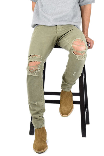 Bleached Olive Ripped Tapered Denim Jeans